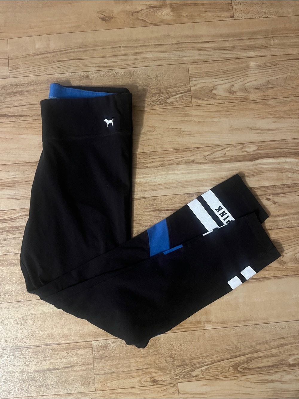 PINK Victoria's Secret Black Leggings with Blue Panels & White Stripes